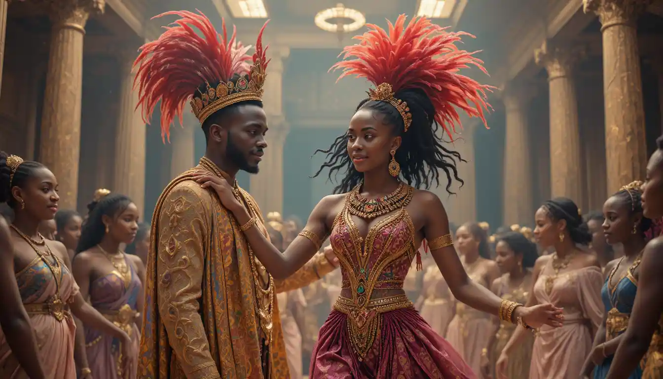 Igbo king holding his elegant daughter dancing in throne room
