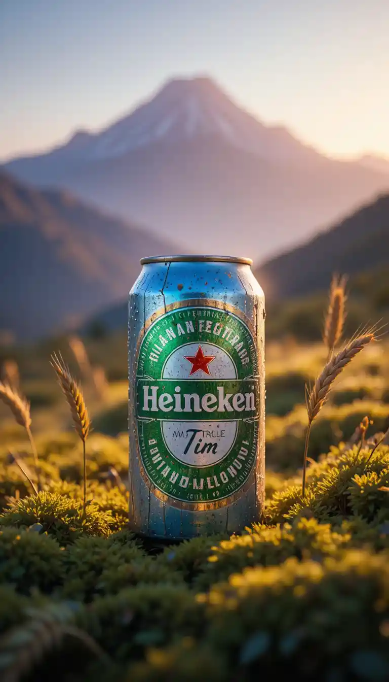 Lata de cerveza desgastada en musgo con suave amanecer de montaña