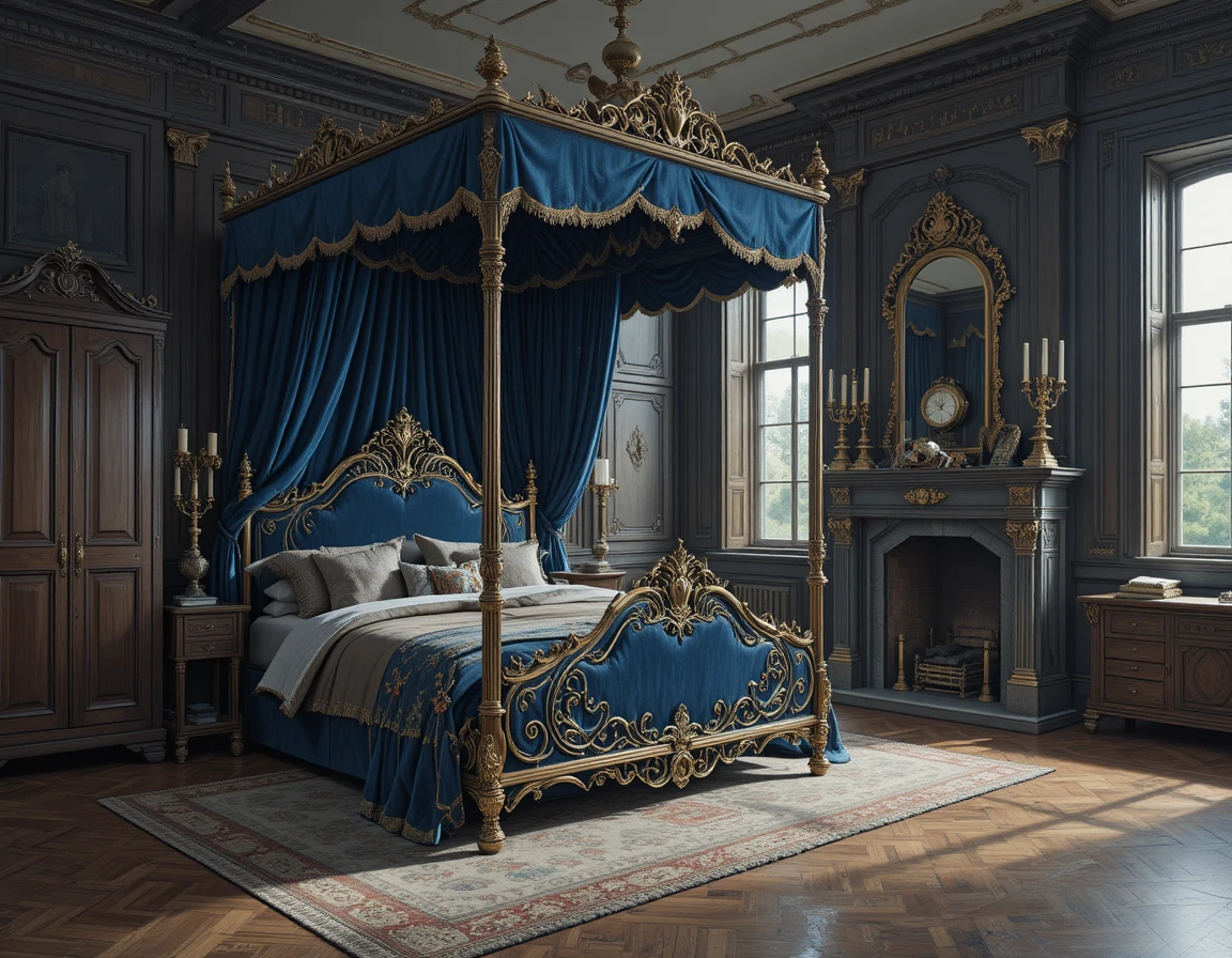 Lujoso dormitorio antiguo con cama con dosel y chimenea
