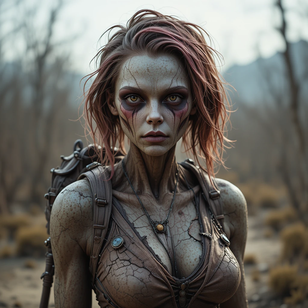 Female ghoul standing alone in a post apocalyptic wasteland