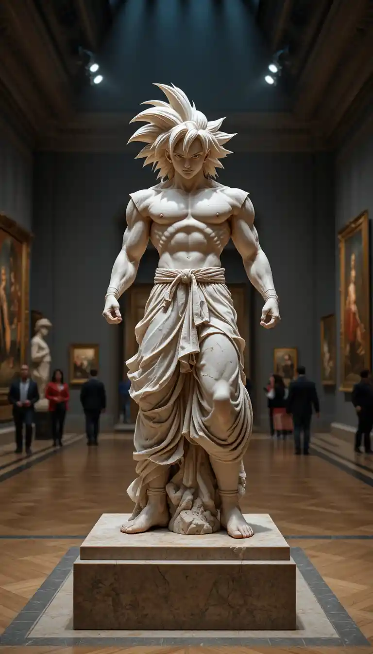 Marble statue in dynamic pose under museum spotlight