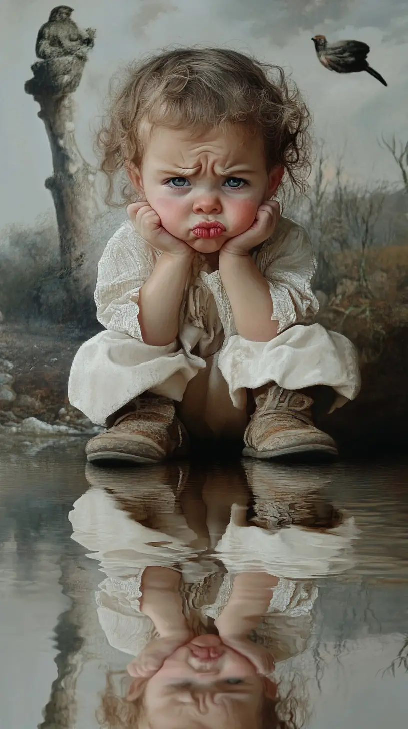 Surreal illusion of a pouting toddler in a layered collage scene