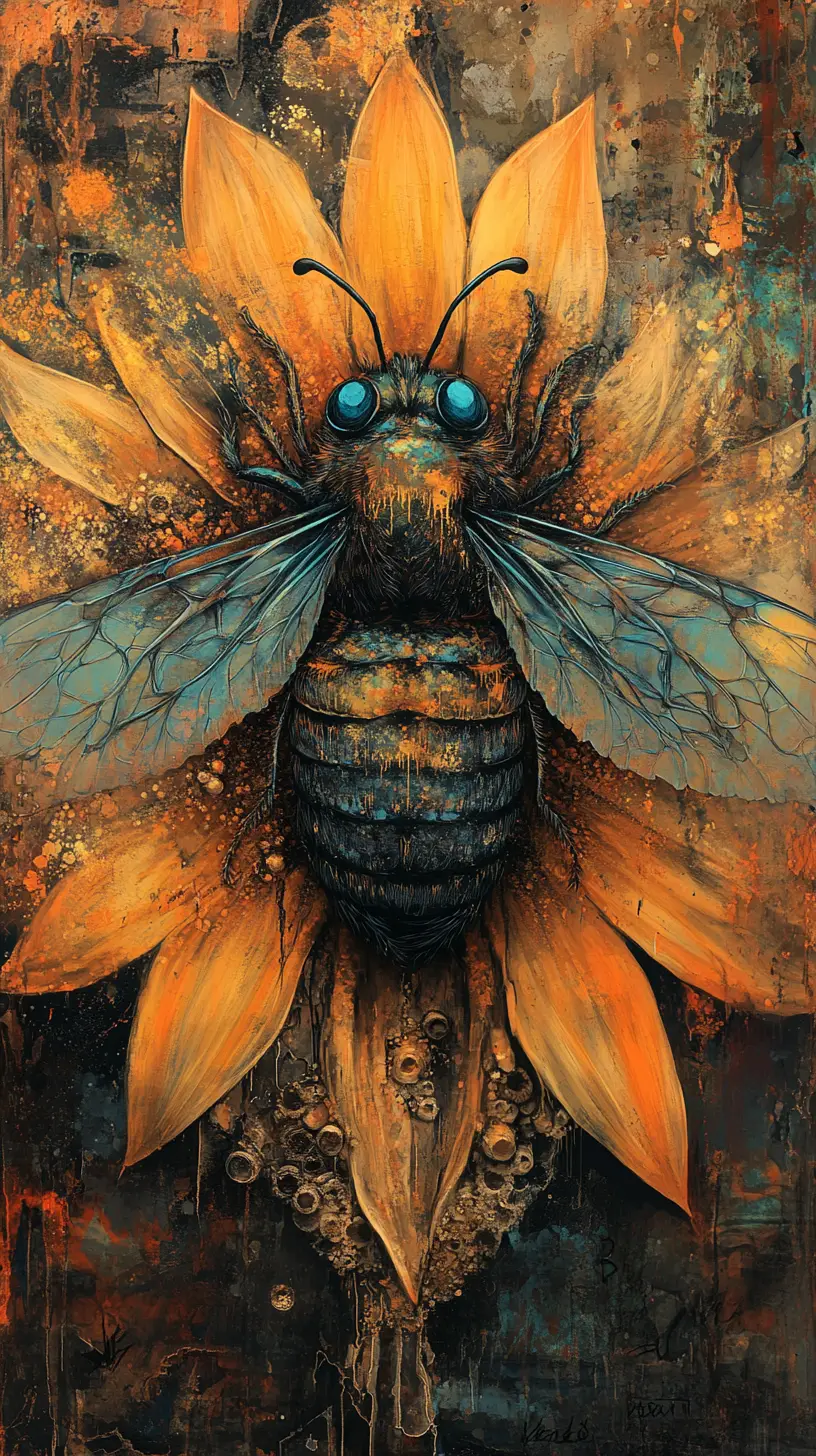 Abeja surreal sobre girasol en mixed media psicodélico