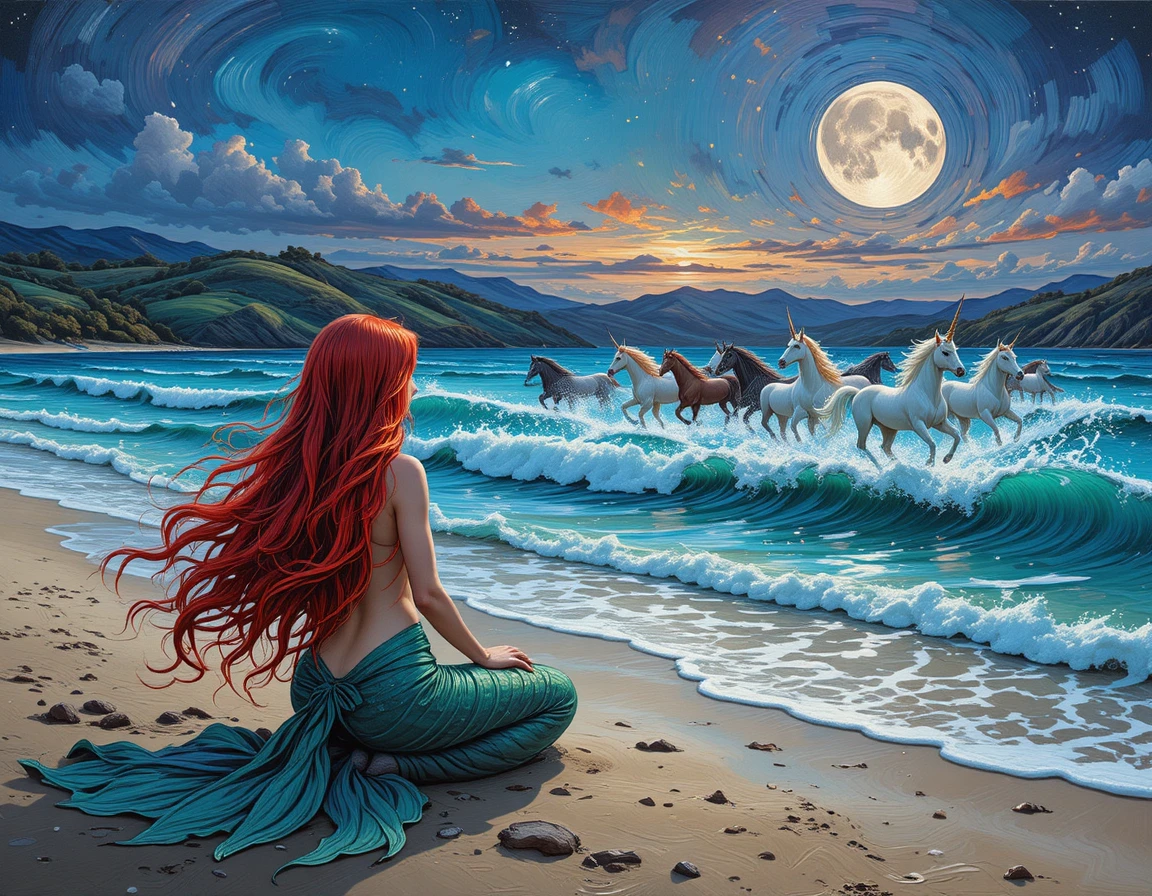Sirena mirando a un unicornio que corre sobre olas iluminadas por la luna