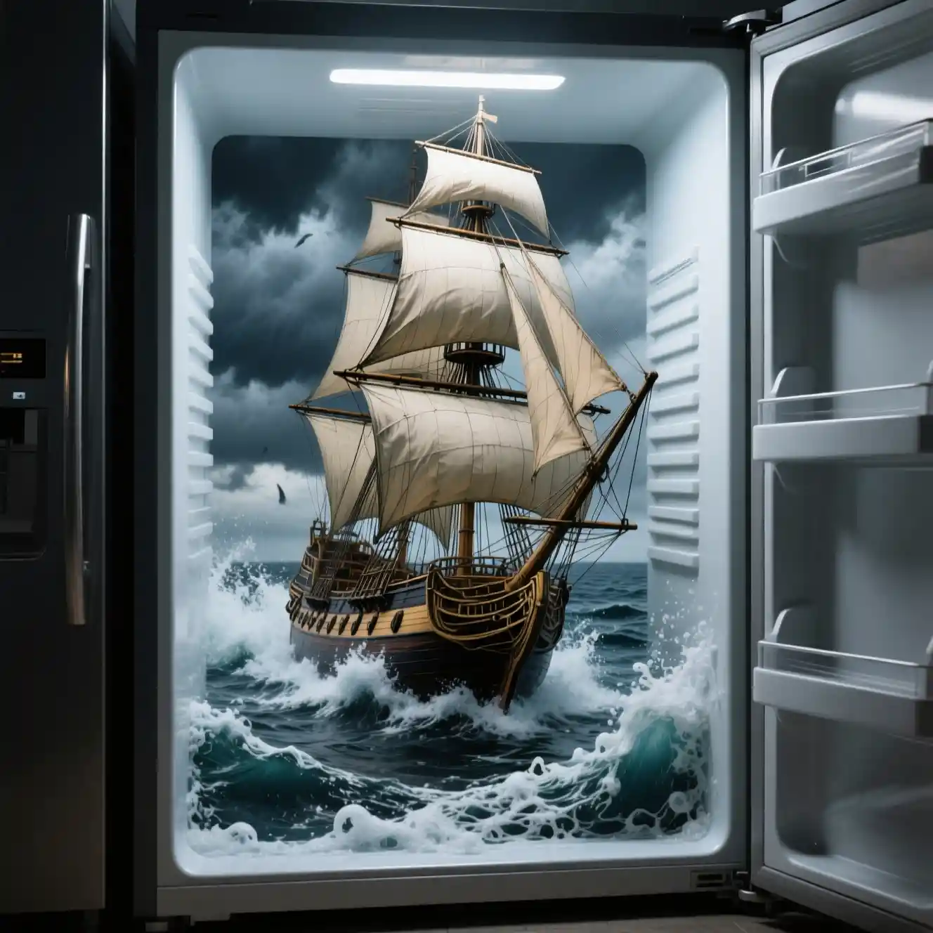 Tall sailing ship inside a modern refrigerator at sea