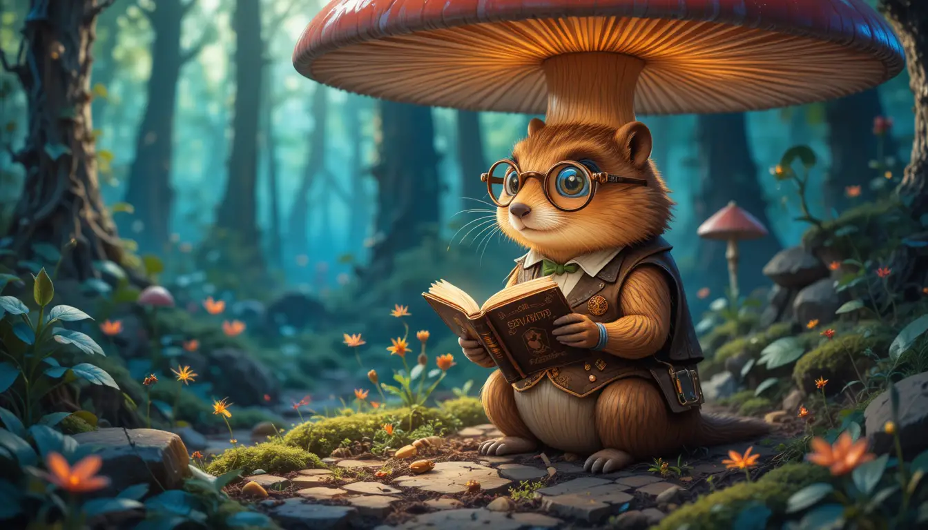 Whimsical Groundhog Reading Beneath A Giant Forest Mushroom