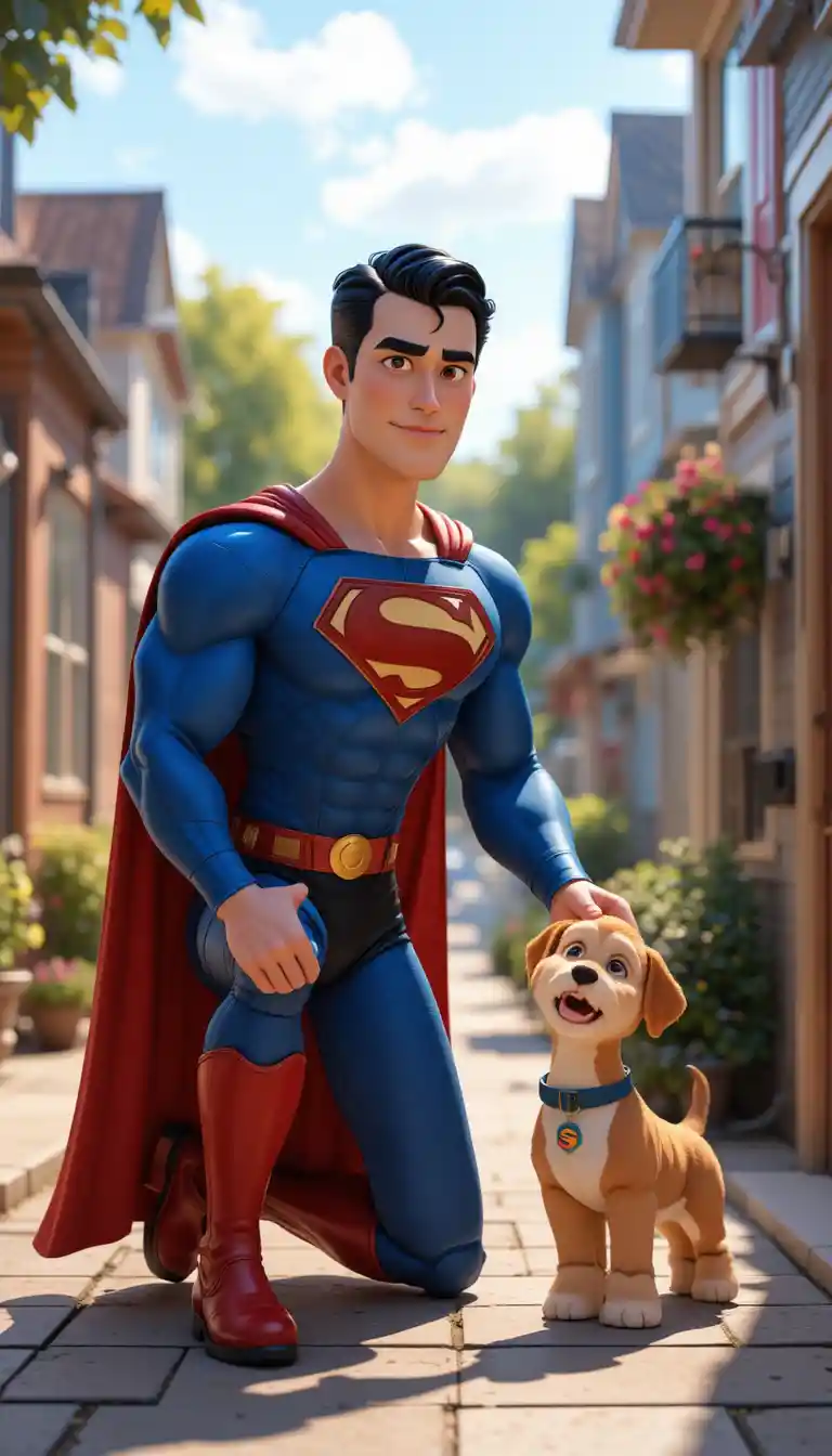 Superheld tröstet einen verlorenen Hund in einer sonnigen Wohnstraße