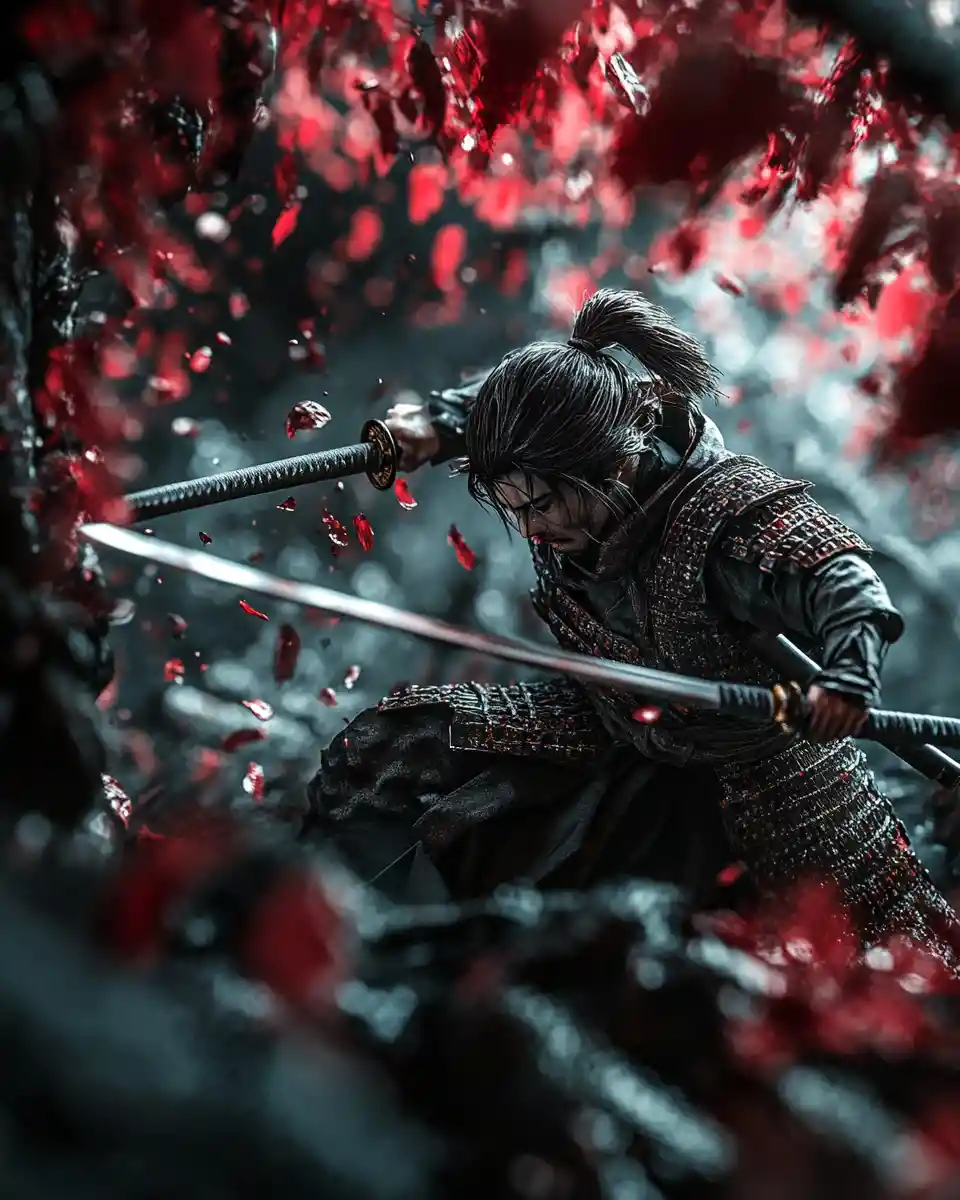 Miniature samurai warrior battling at night in the mountains