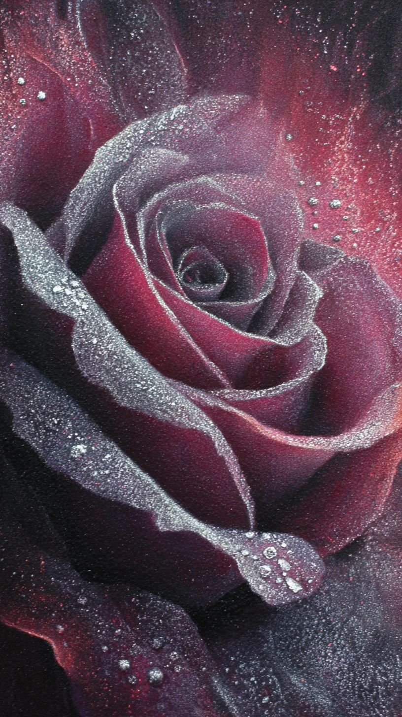 Close up moonlit burgundy rose with metallic silver dew
