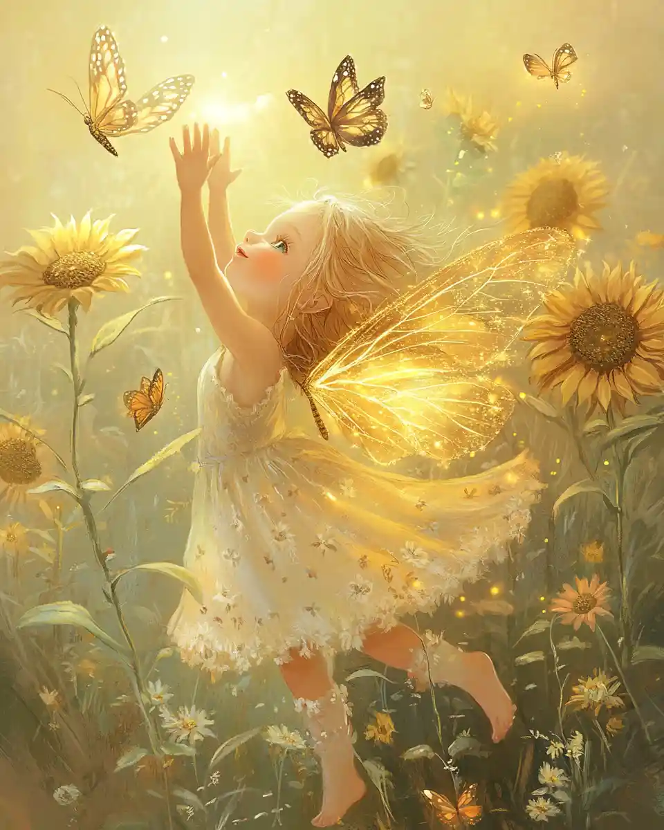 Summer fairy child reaching toward glowing butterflies