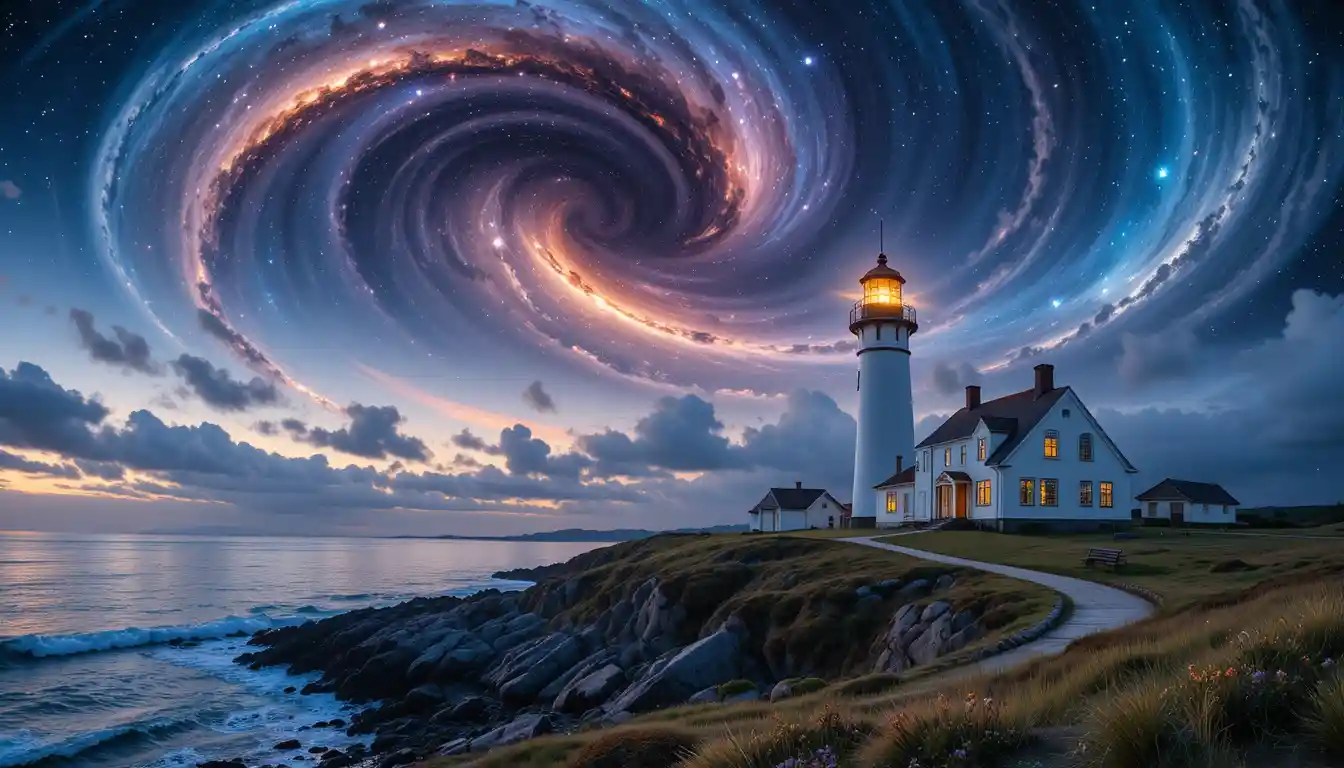 Peaceful Lighthouse Above A Twilight Coastal Village
