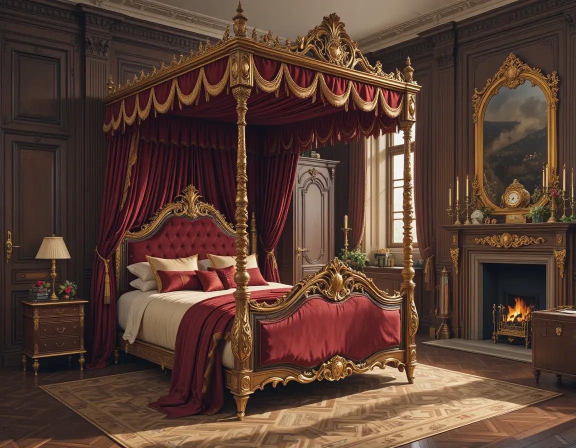 Suntuosa cama antigua en un majestuoso dormitorio con cortinas de terciopelo