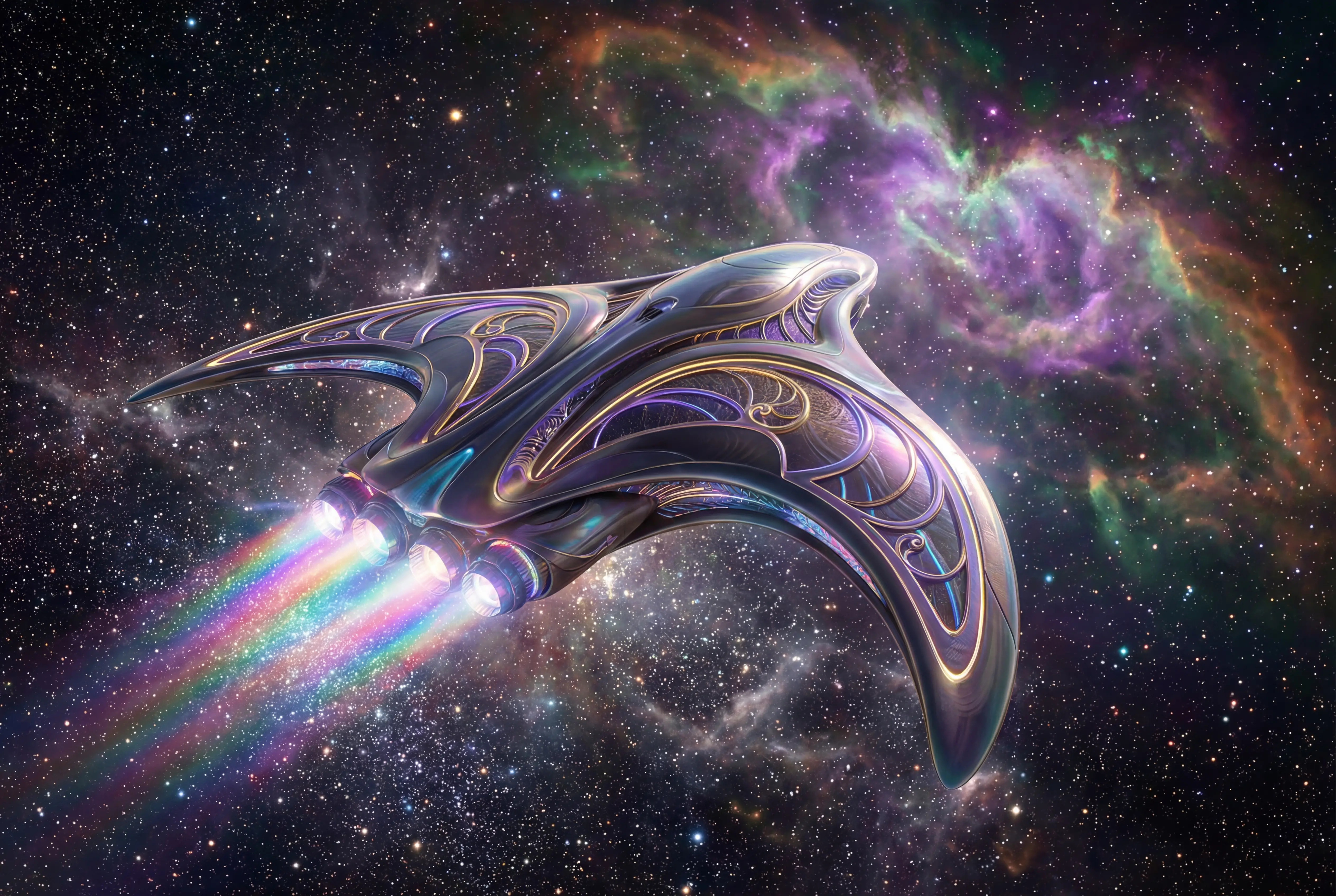 Sleek futuristic spaceship rising through starry outer space