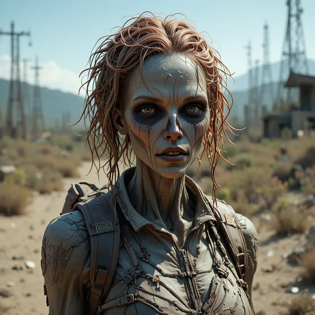 Female ghoul survivor standing alone in a desolate wasteland