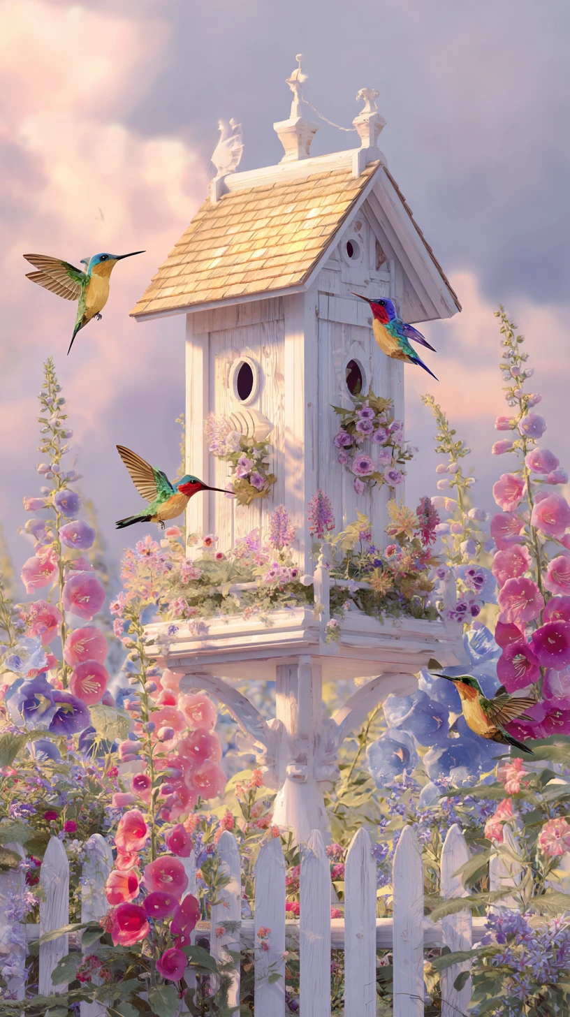 Gigantisches Vogelhaus in einem sonnigen Landgarten – Illustration