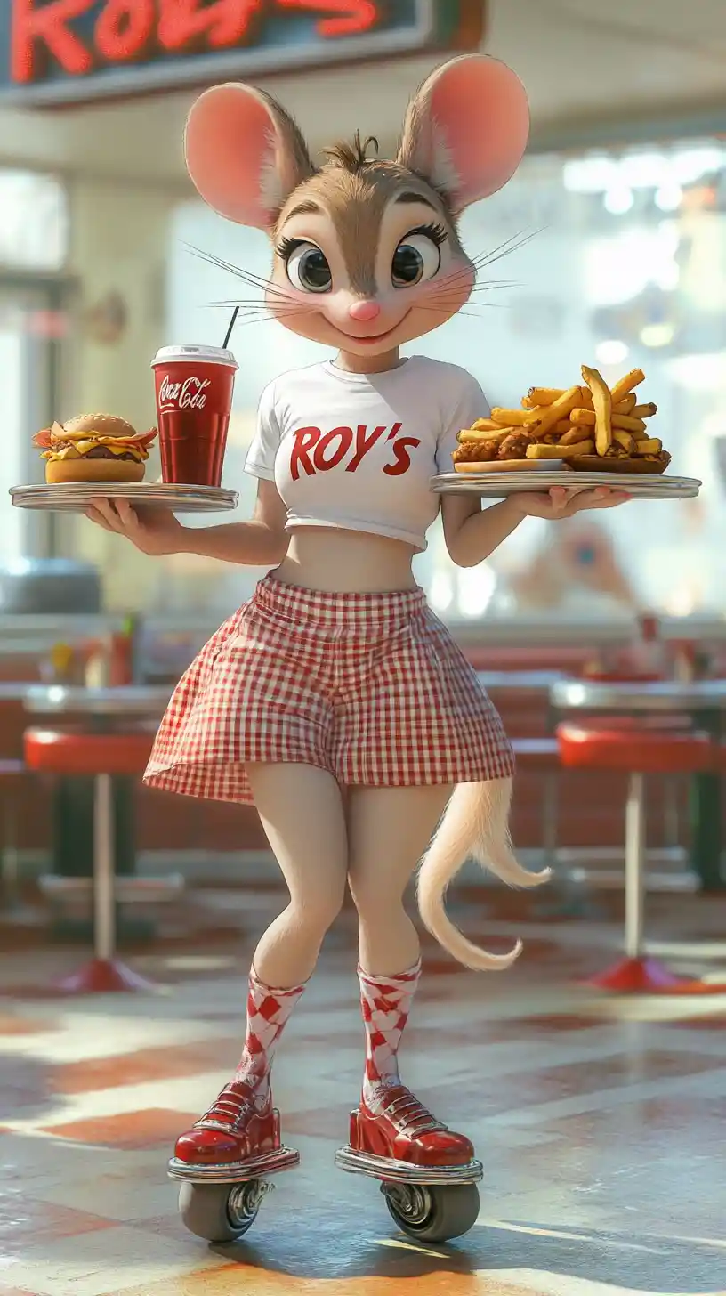 Cheerful Mouse Waitress On Roller Skates At Retro Diner