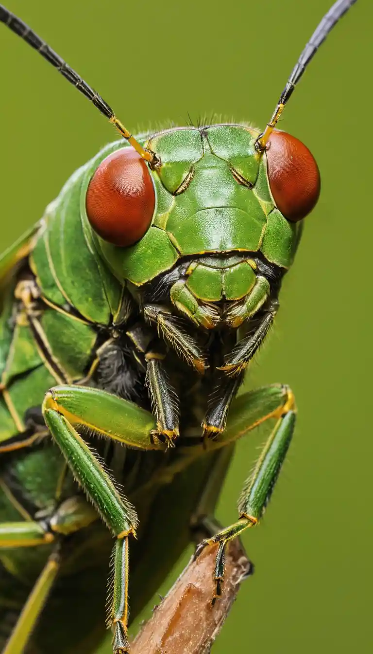 Macro view of green grasshopper clinging to human skin