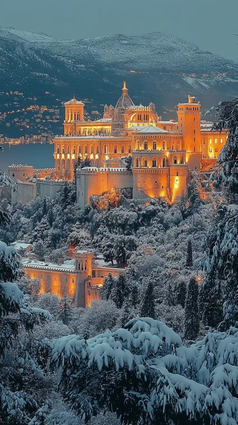 Medieval mountain castle glowing above a frozen coastal valley