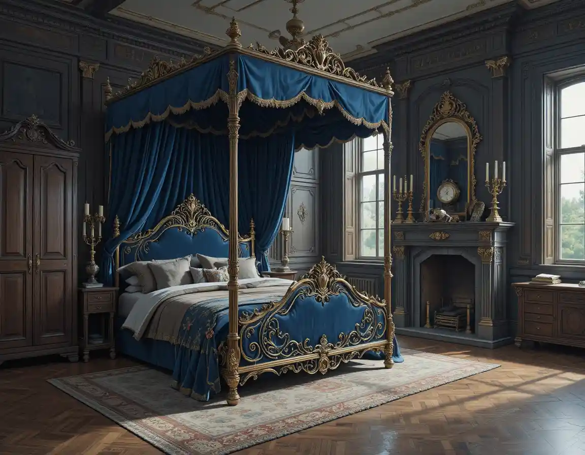 Lujoso dormitorio antiguo con cama con dosel y chimenea