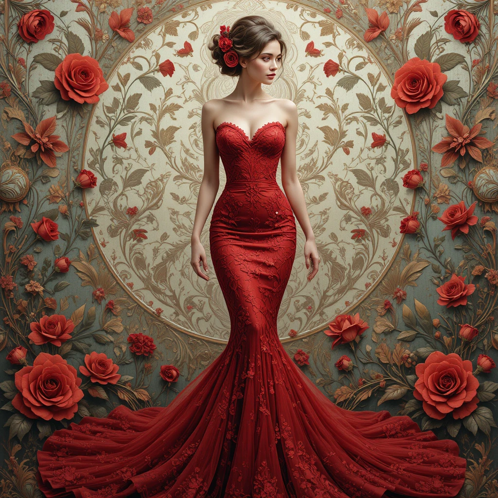 Mujer con vestido de encaje rojo entre fondo floral ornamentado