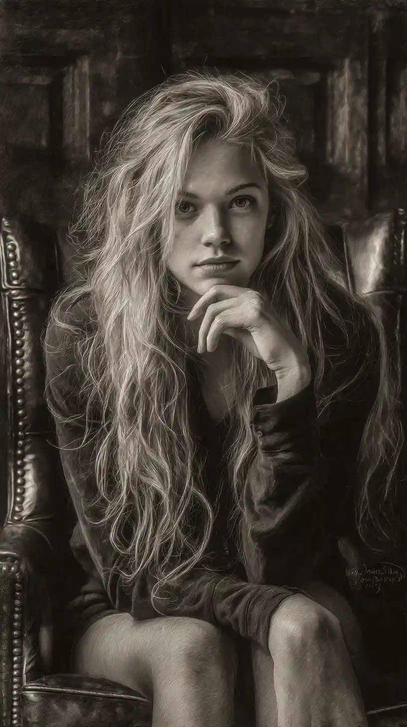 Thoughtful young woman in black and white studio portrait