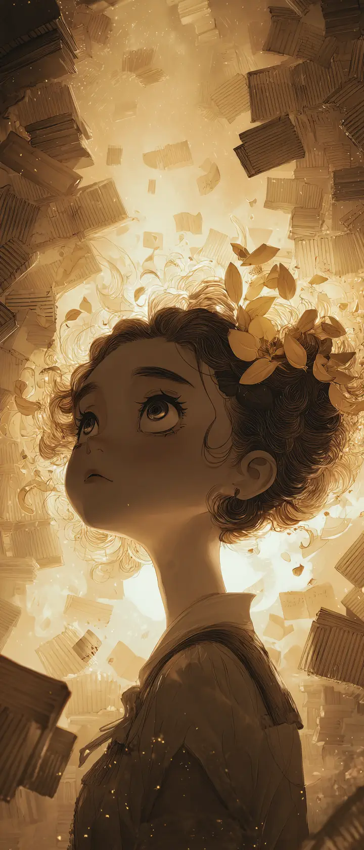 Anime girl surrounded by floating ancient books and pages