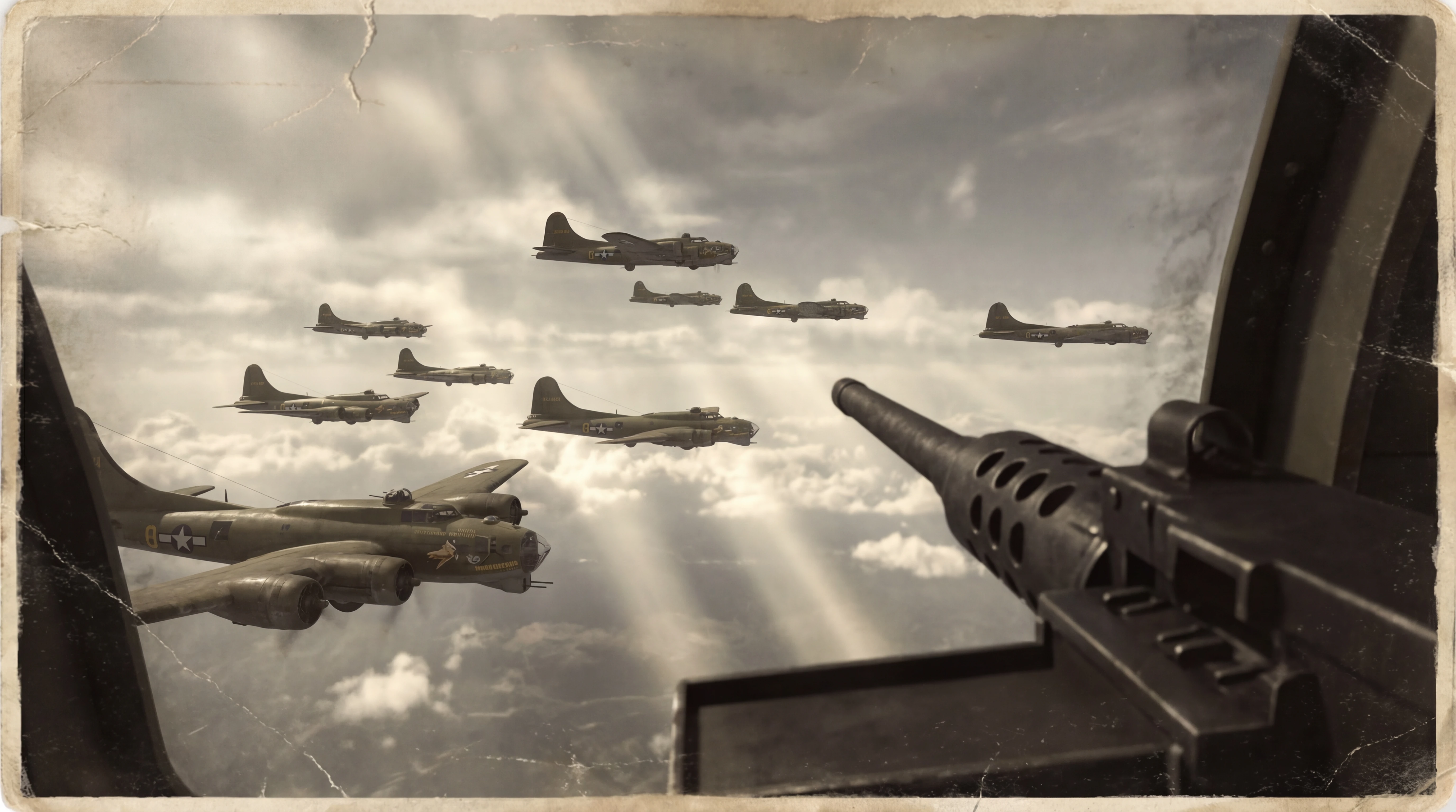 Formación de bombarderos B-17 volando entre nubes con cañón de ametralladora