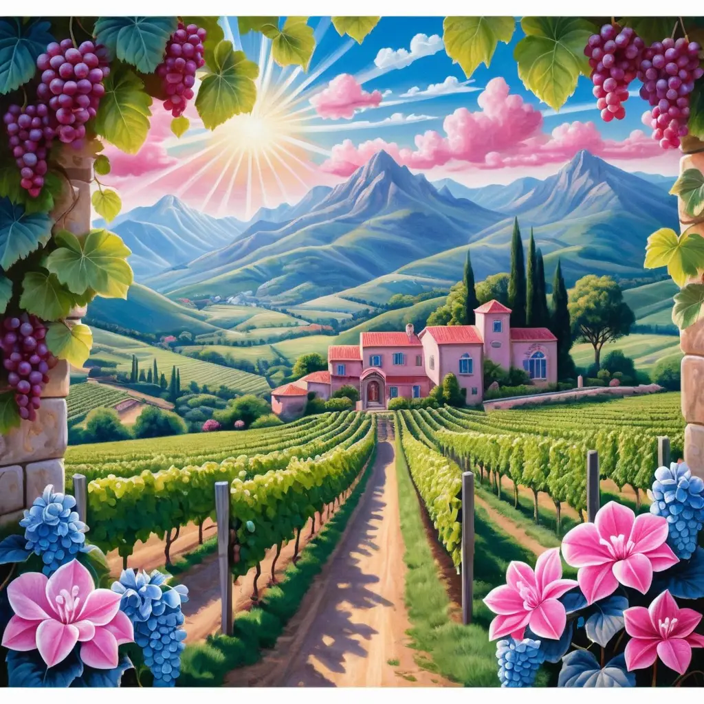 Surreal vineyard with mountains in shimmering summer sunlight