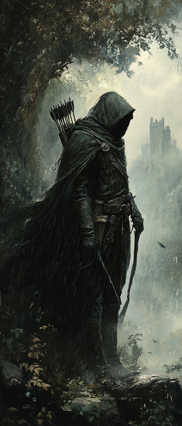 Lone archer at the edge of a dark ancient forest