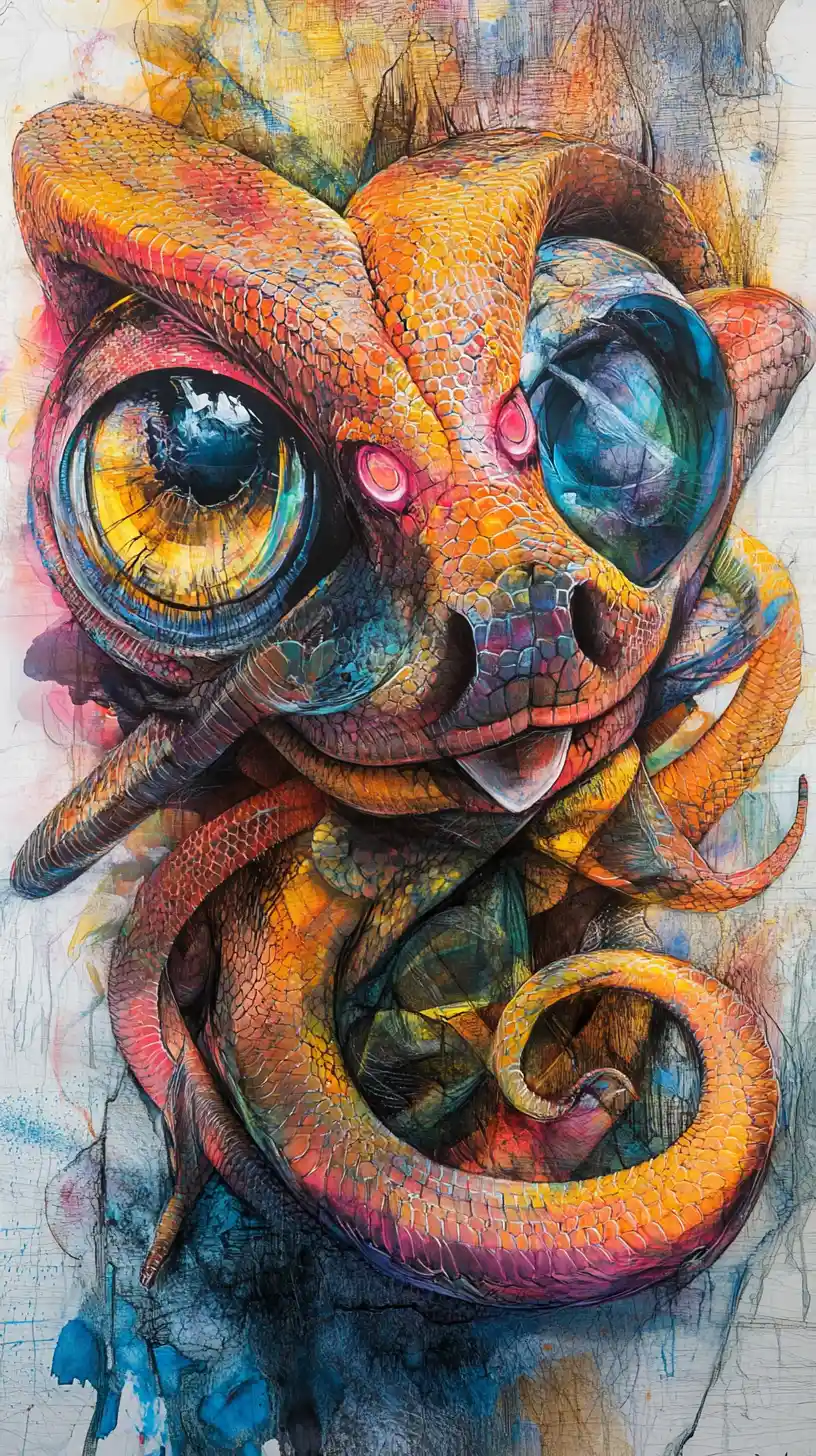 Serpente astratto dai colori vivaci e grandi occhi ipnotici