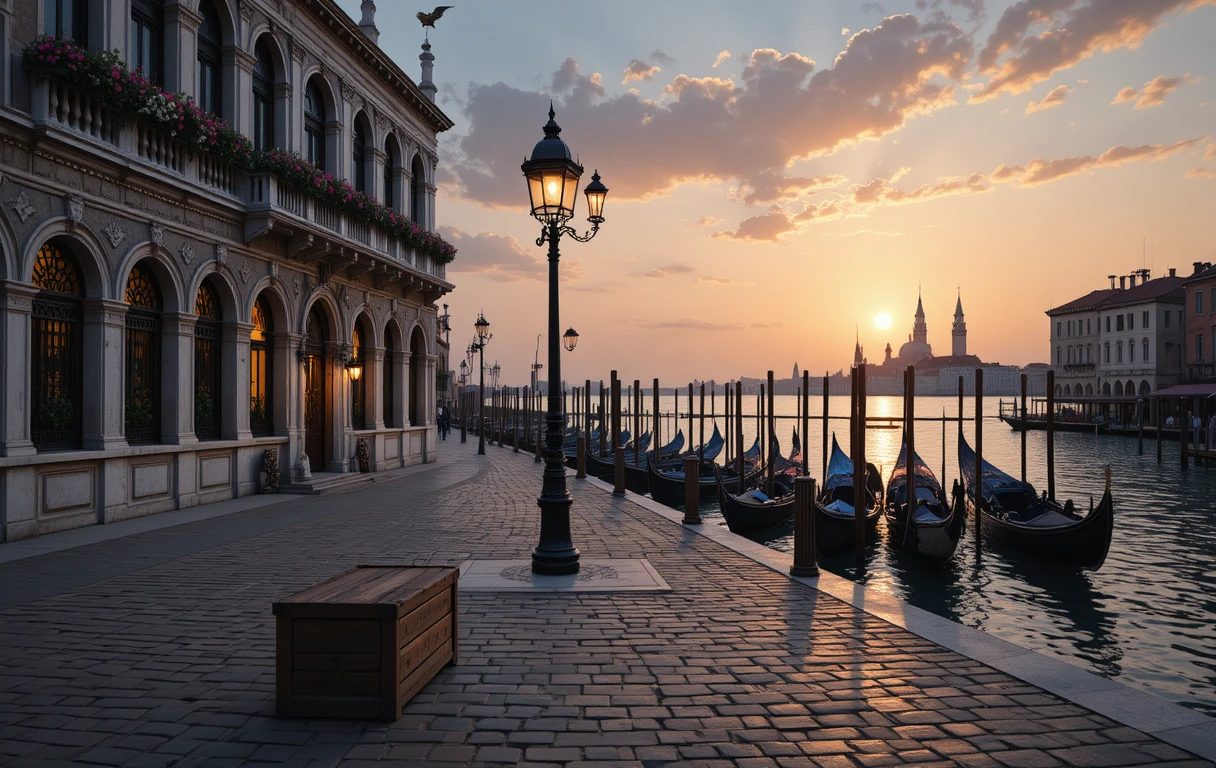 Canale veneziano al tramonto con gondole e bagliore dei lampioni