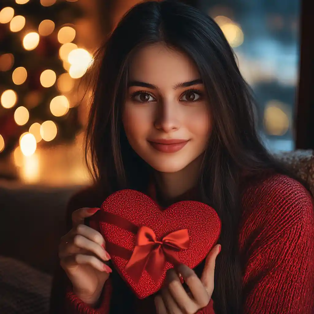 Young woman offering red heart chocolate gift box