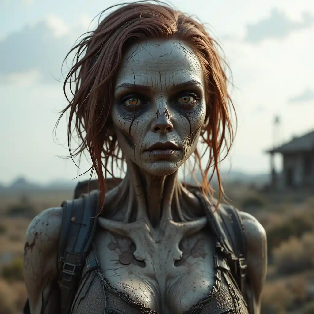 Ghoul feminina no ermo em pé sozinha com mochila