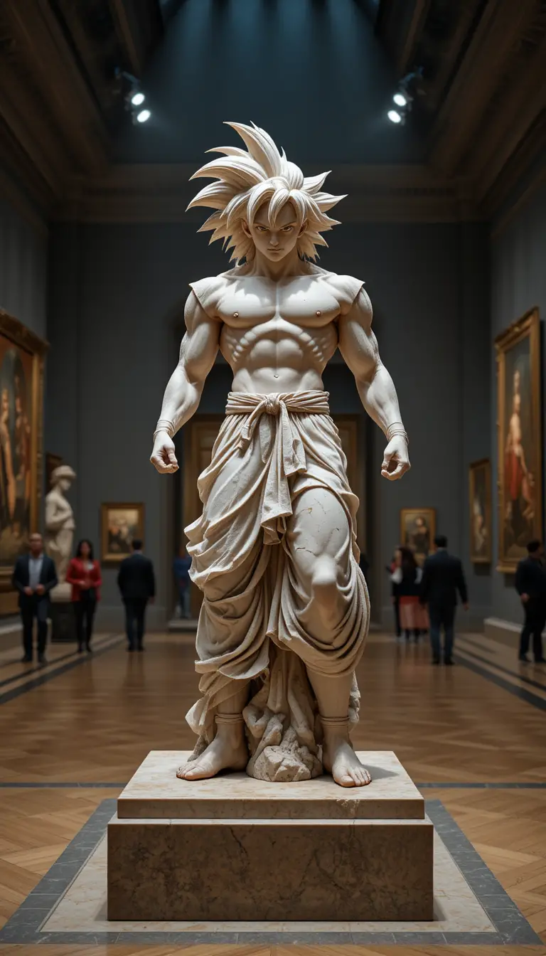 Marble statue in dynamic pose under museum spotlight