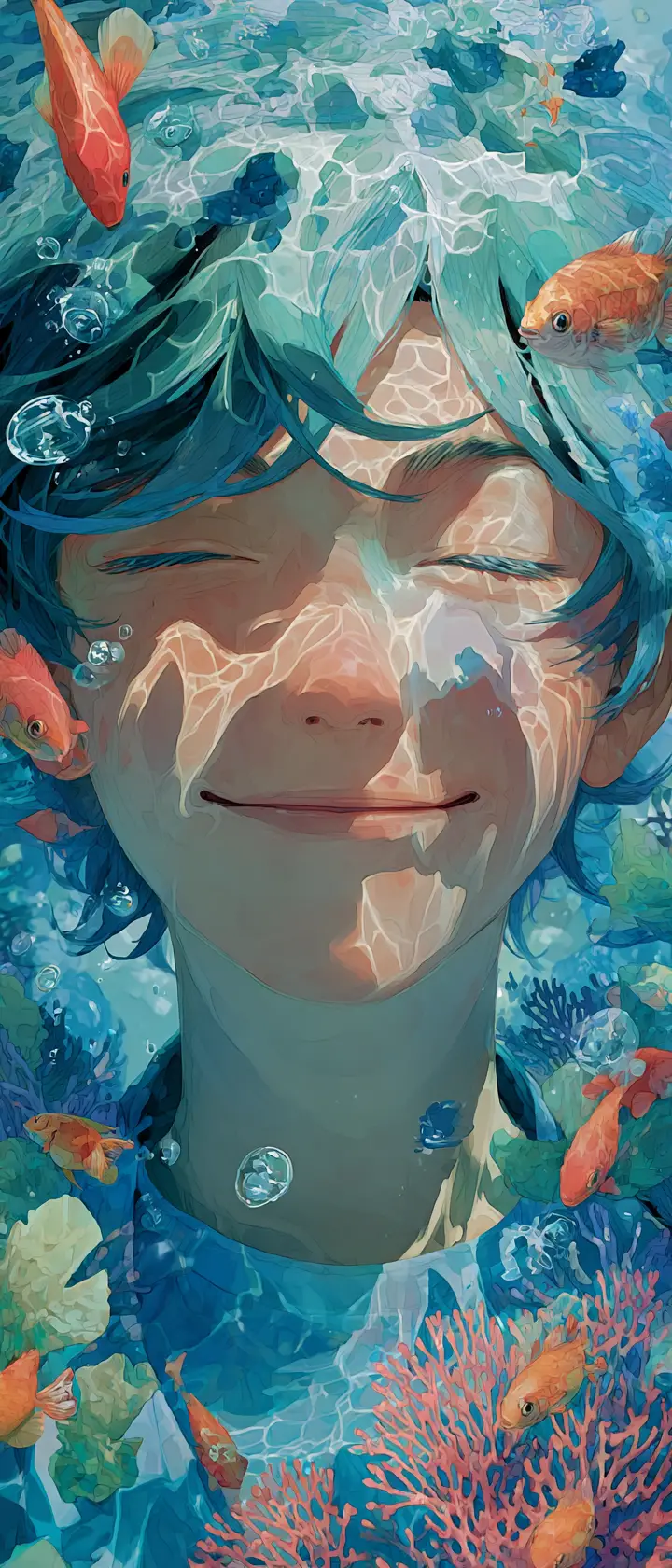 Smiling boy fused with colorful underwater coral world