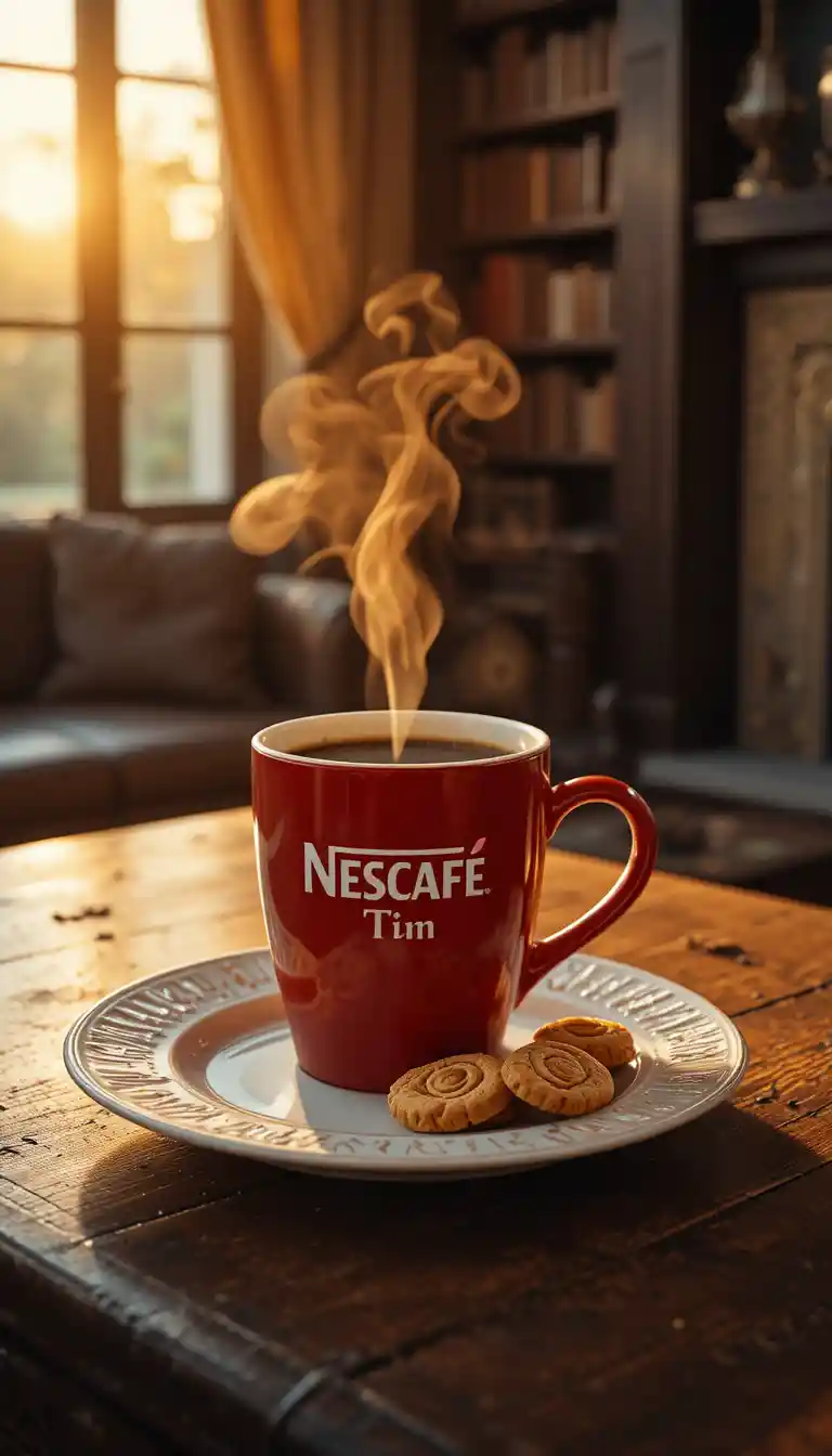 Red coffee mug steaming in warm golden hour light