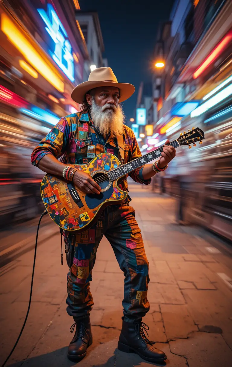 Anziano musicista di strada che suona una chitarra acustica colorata di notte