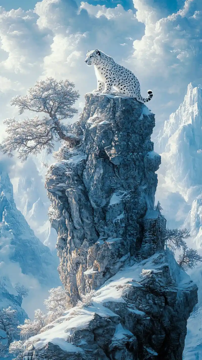 Surreal illusion of a snow leopard in shifting visual forms