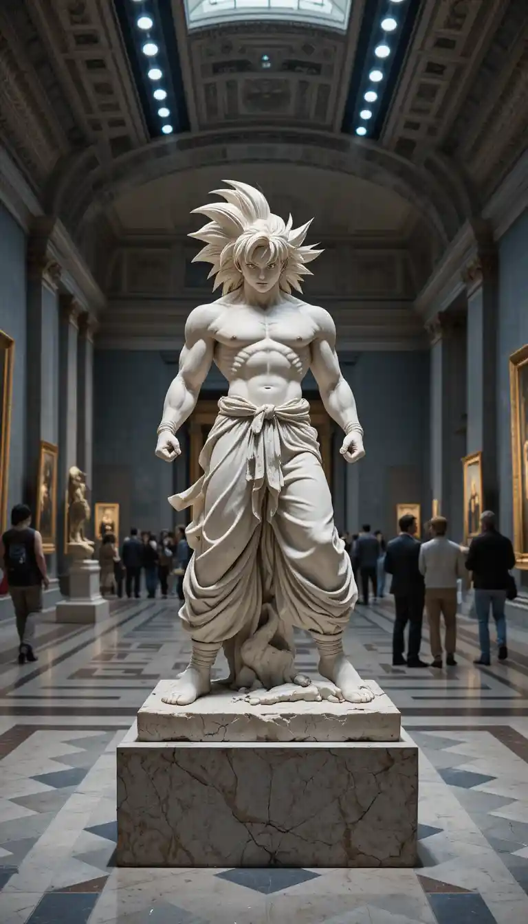 Classical marble statue of a dynamic warrior in museum gallery