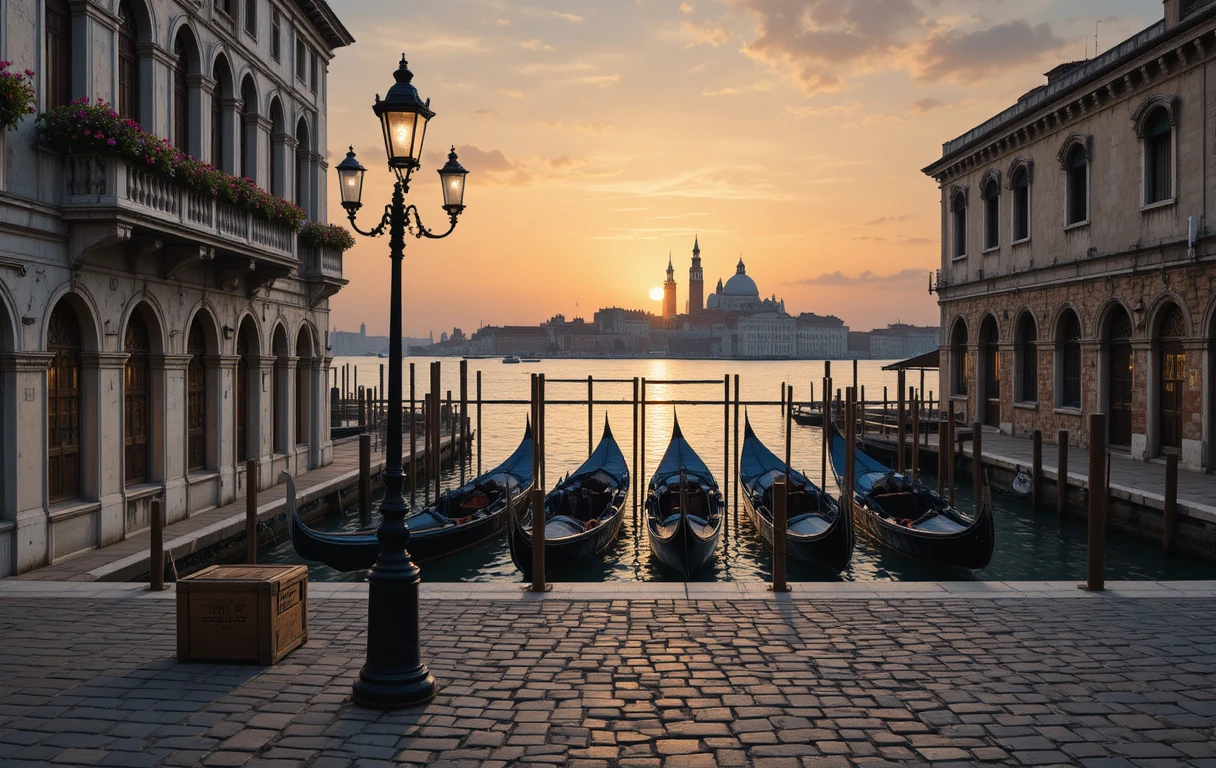 Canale veneziano al tramonto con lampione illuminato e gondole