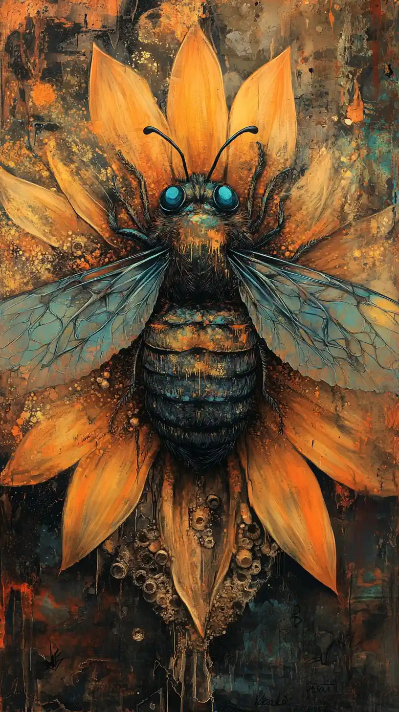 Abeja surreal sobre girasol en mixed media psicodélico