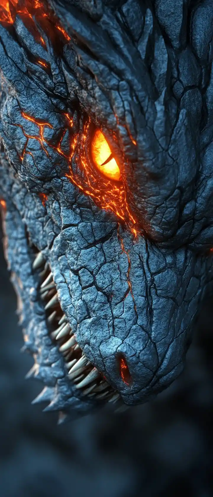 Close up dragon face with glowing eyes and cracked stone scales