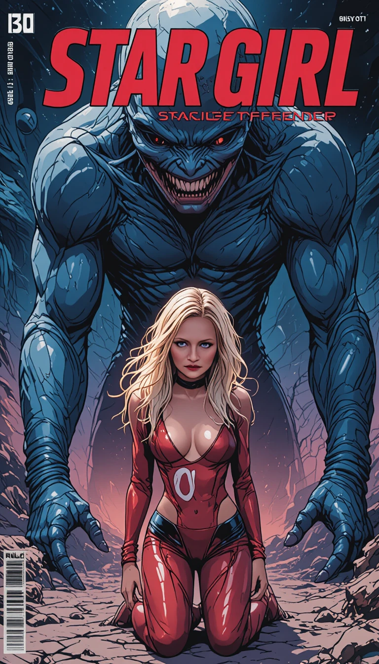 Sultry space heroine kneeling before fanged alien tyrant
