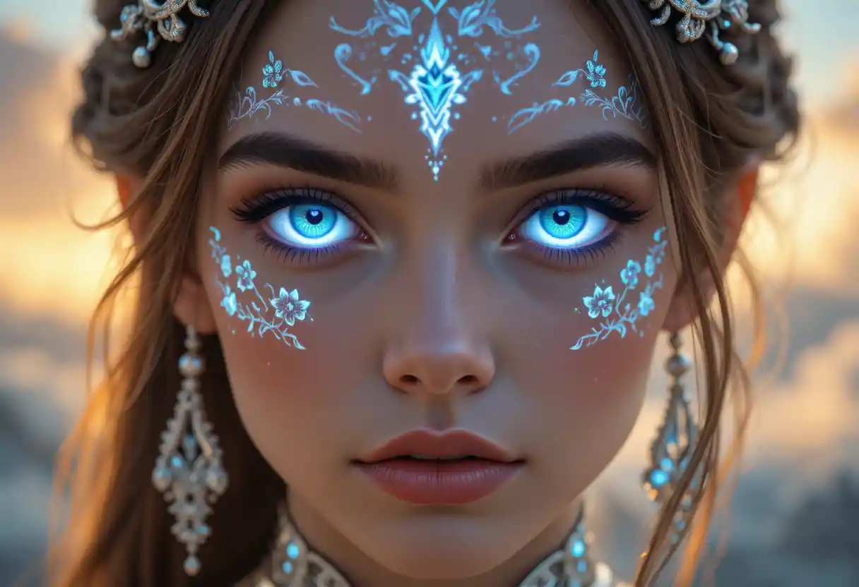 Primer plano de diosa fantástica de ojos brillantes en la hora dorada