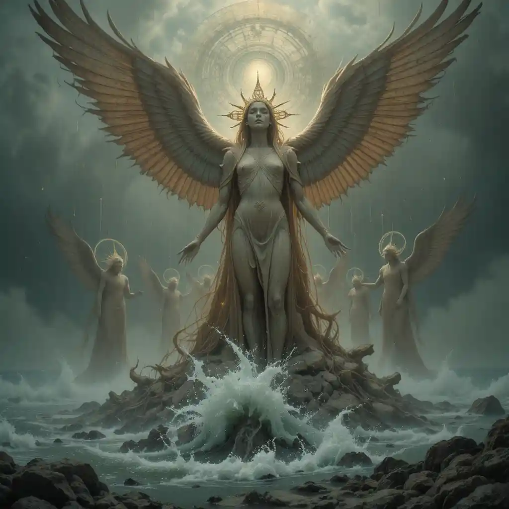Angelic watchers rising from a dark fantasy ocean