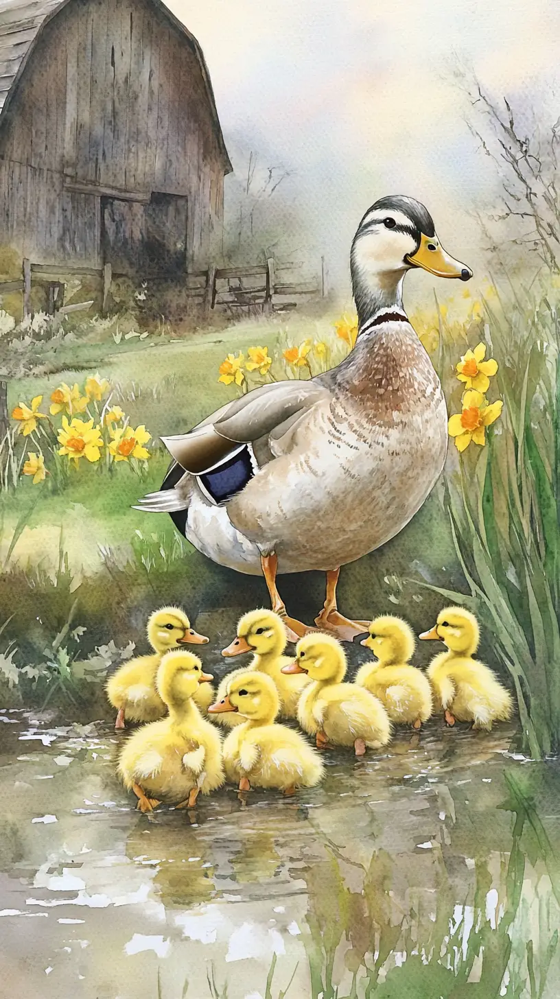 Watercolor mother duck with ducklings in spring meadow