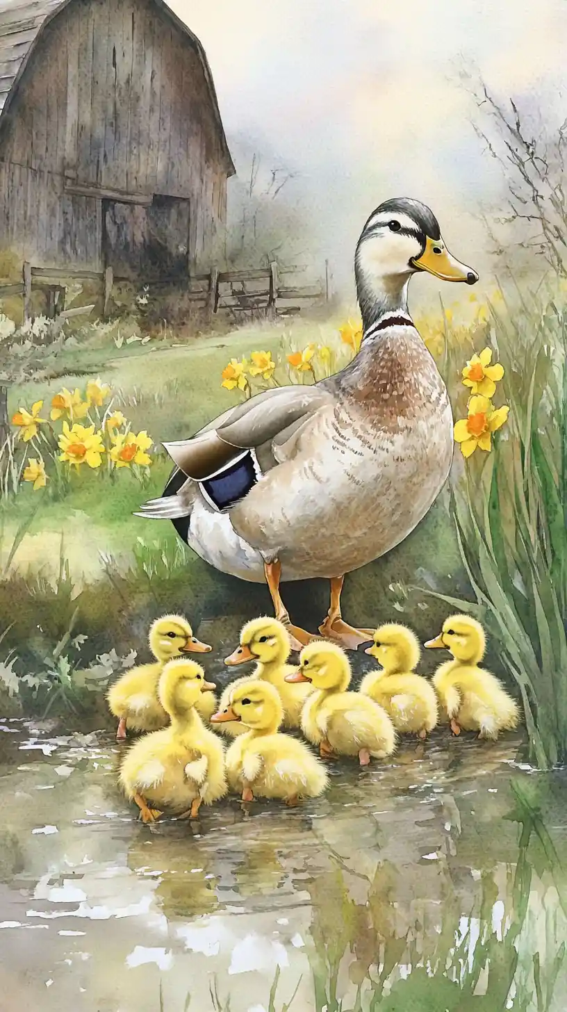 Watercolor mother duck with ducklings in spring meadow
