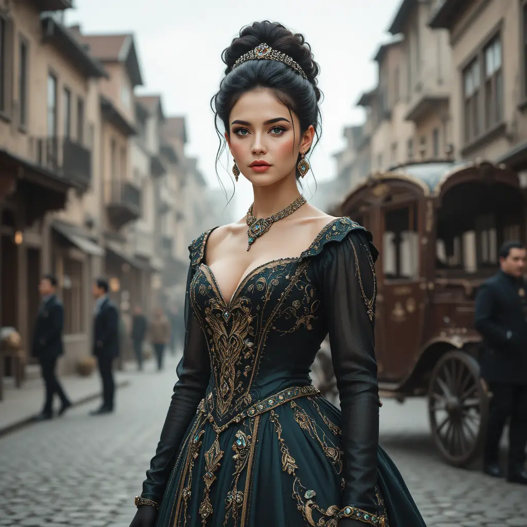 Elegant noblewoman by a carriage in a medieval city street