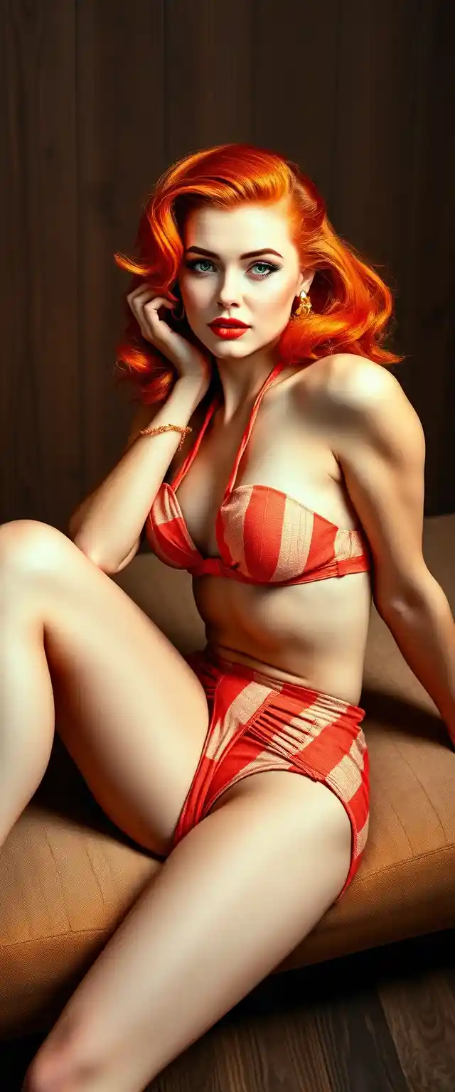 Rothaarige Pin-up-Frau posiert auf einem Vintage-Studio-Ottoman
