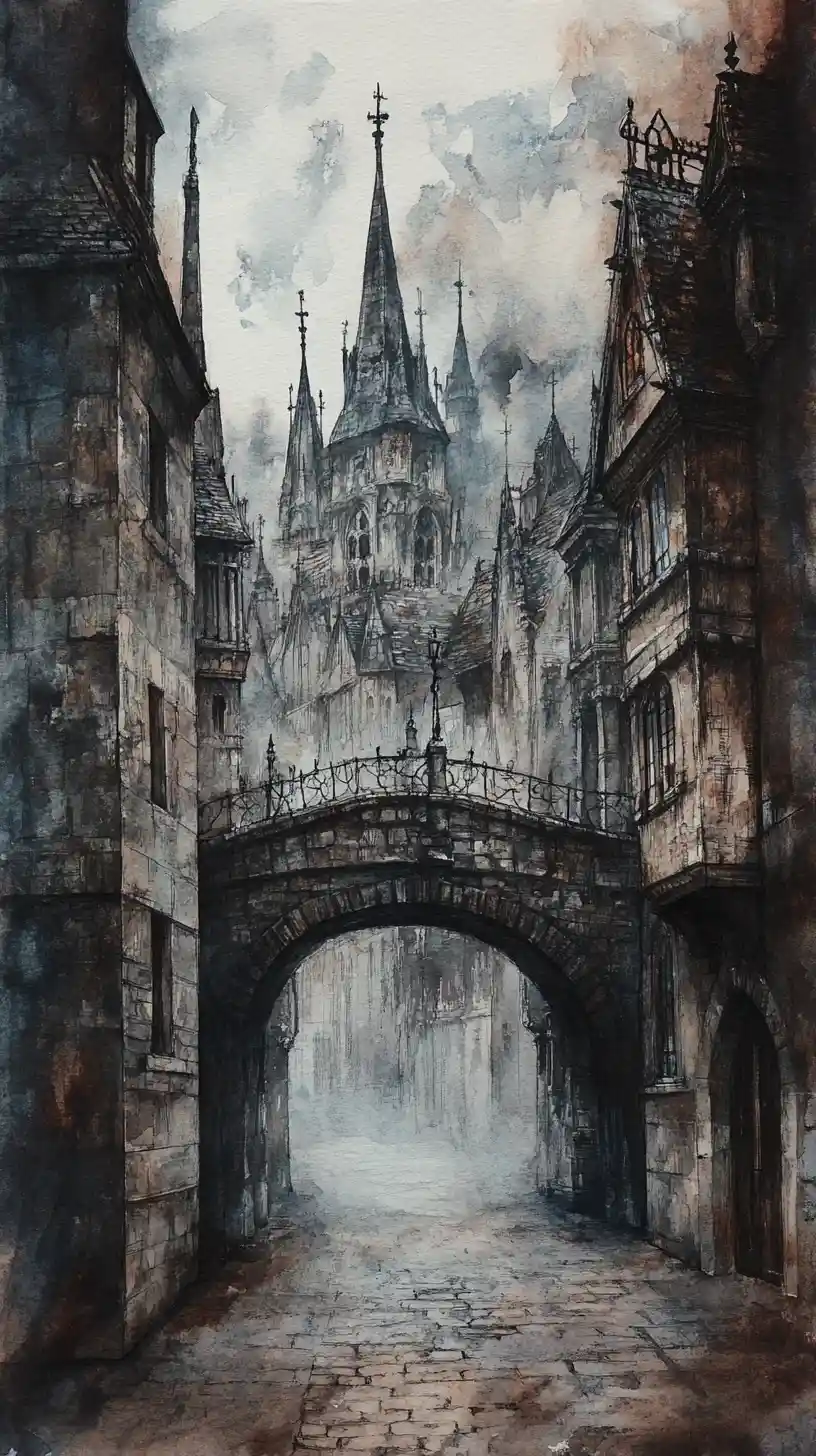 Gothic city in mist with towering spires and bridge
